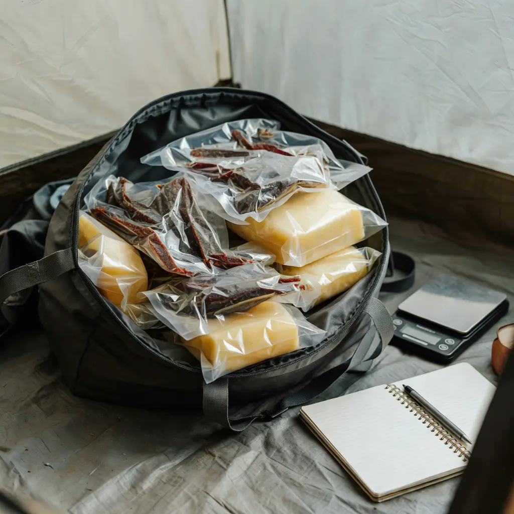 Гермопакеты с сублимированным мясом и топлёным маслом уложены в компрессионный мешок для хранения продуктов в походе.